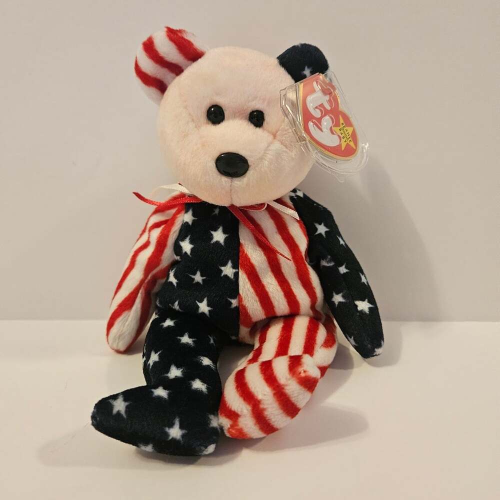 Ty Beanie Baby Spangle The Bear Pink Face USA Flag Retired Plush EUC